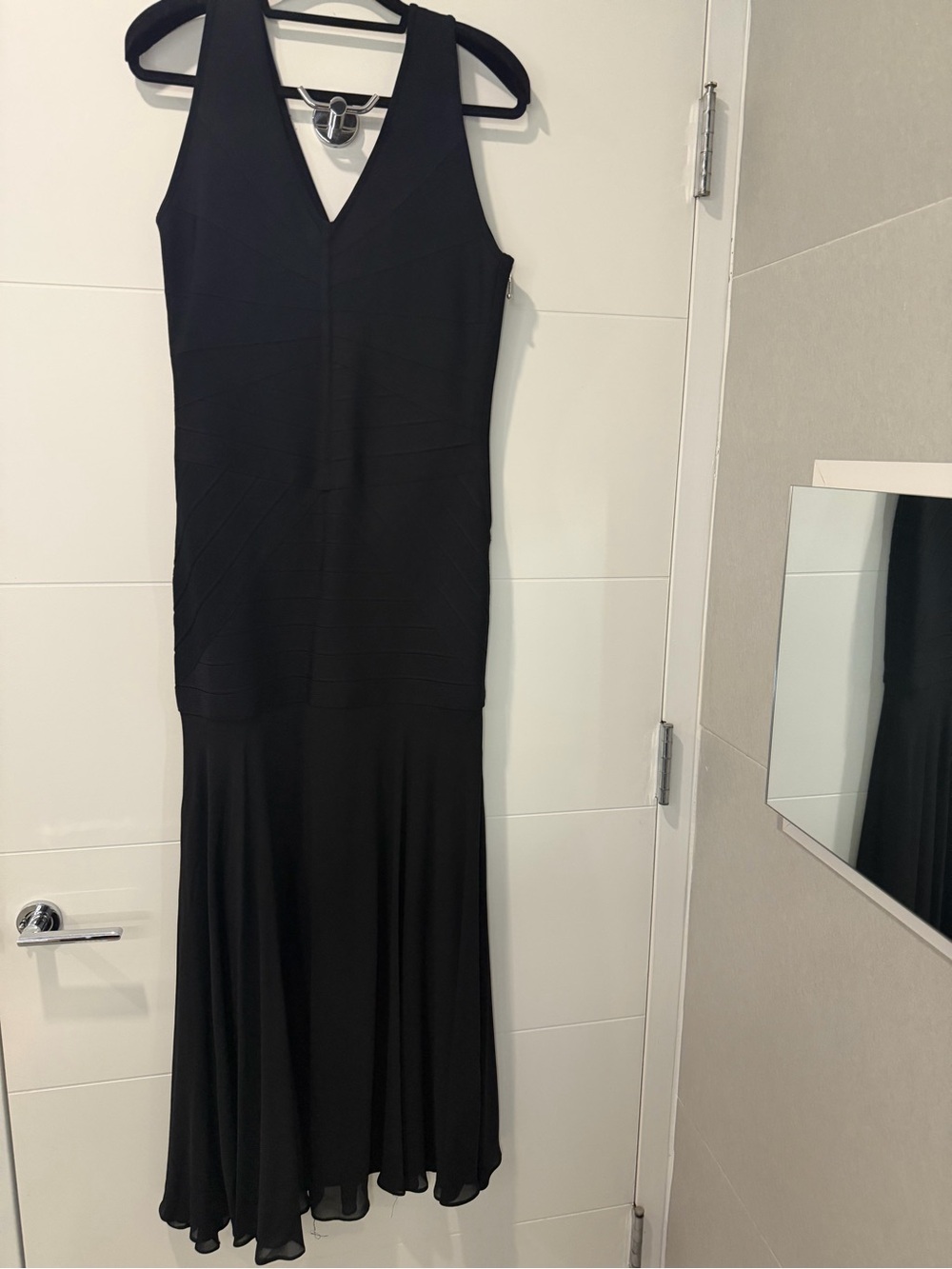 JS Collections Black V-Neck Fitted-to-Flare Evening Gown